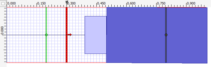 The layout for the simulation of the metasurface with the input plane (red line) and two XY observation areas for calculating reflection and transmission.